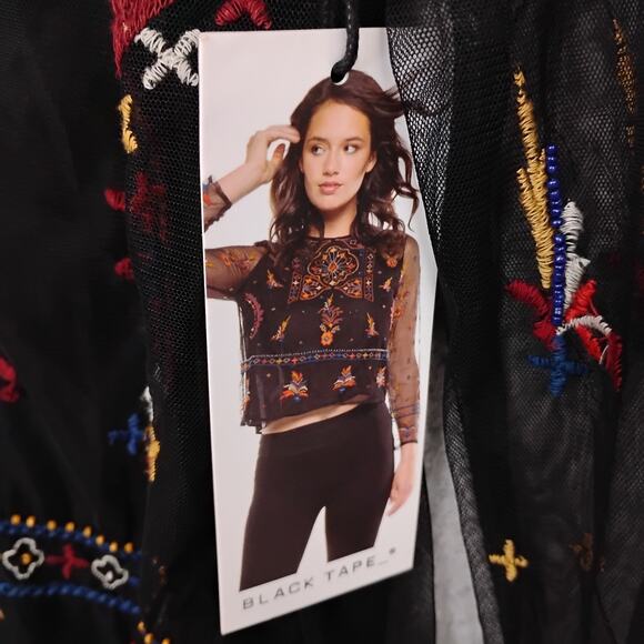Black Tape_ Black Baroque Embroidered Blouse Size Small Mesh Long Sleeves NWT - Picture 8 of 10